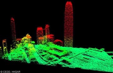 A 3 d image of the city is shown in red and green.