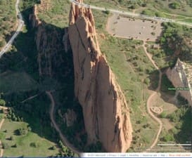 A google earth view of the rock formation called garden of gods.